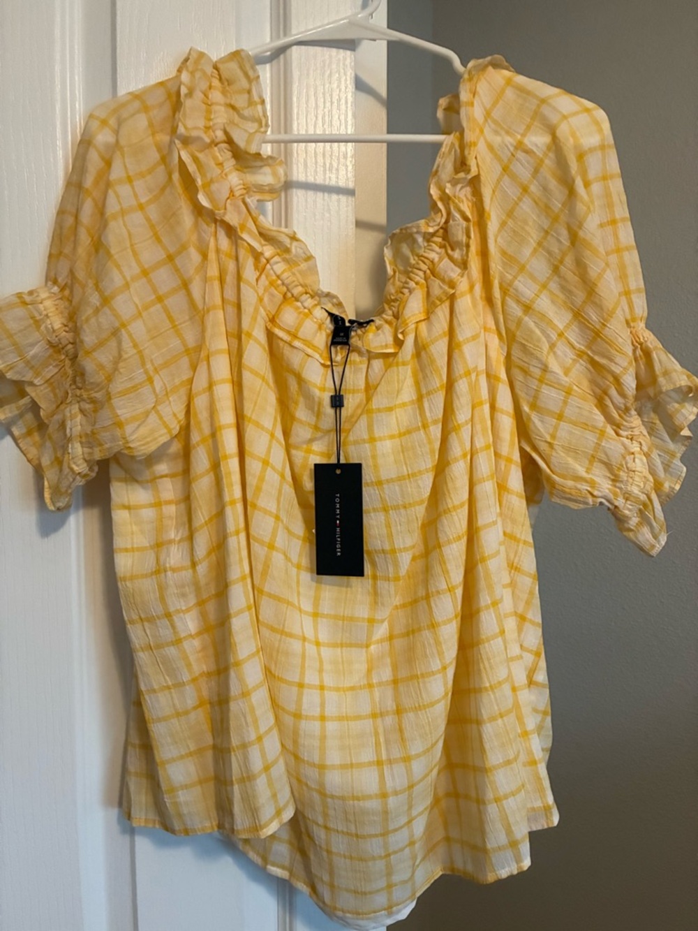 Tommy Hilfiger Yellow Plaid Ruffle-Neck Blouse